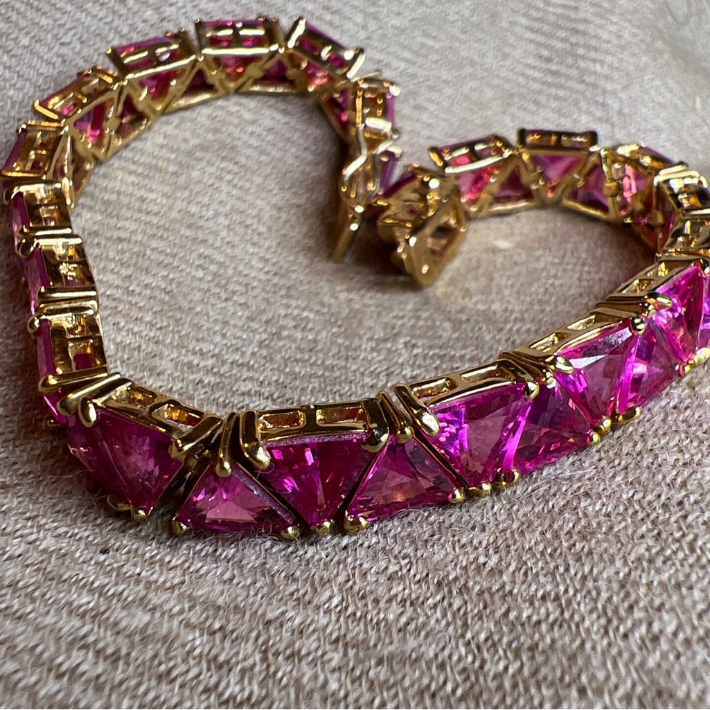 Utc 925 Sterling Silver Fuchsia Pink Cz Trillion Triangle Cut Vermeil Bracelet